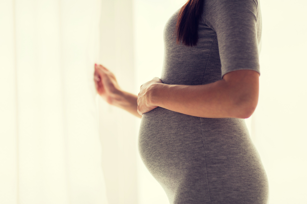 pregnant woman looking through window at home