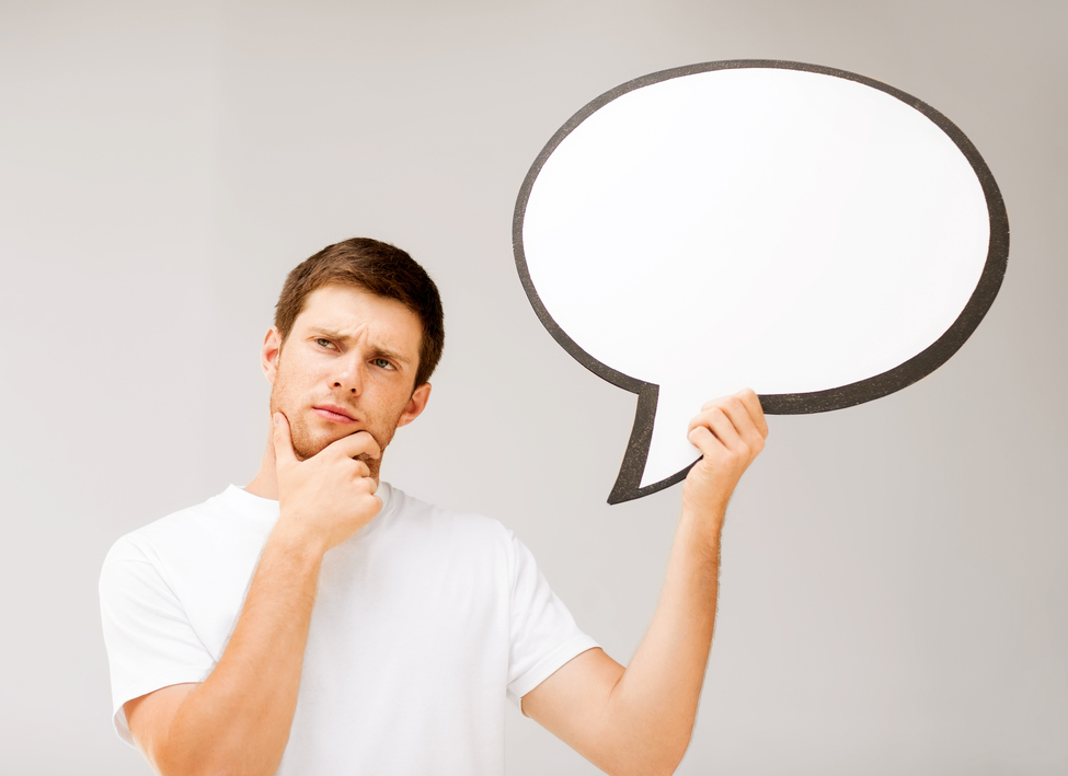 picture of thinking young man with blank text bubble